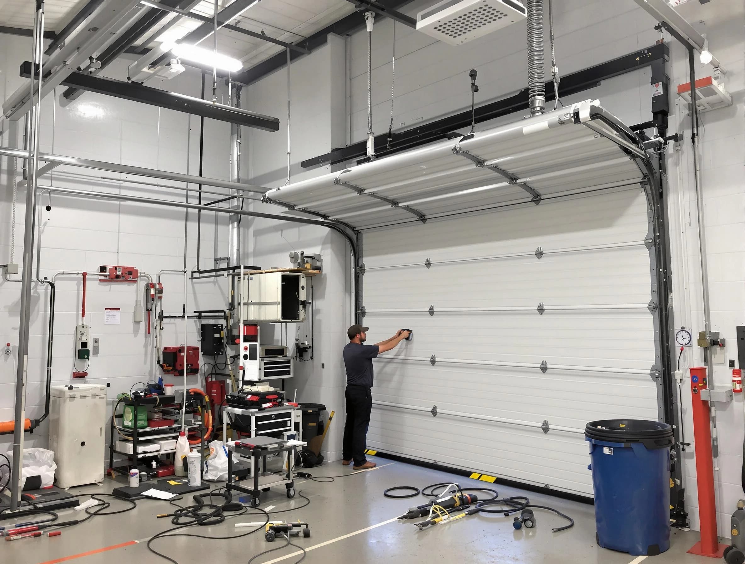 Chickasha Garage Door Repair certified technician performing commercial door repair at a Chickasha business facility