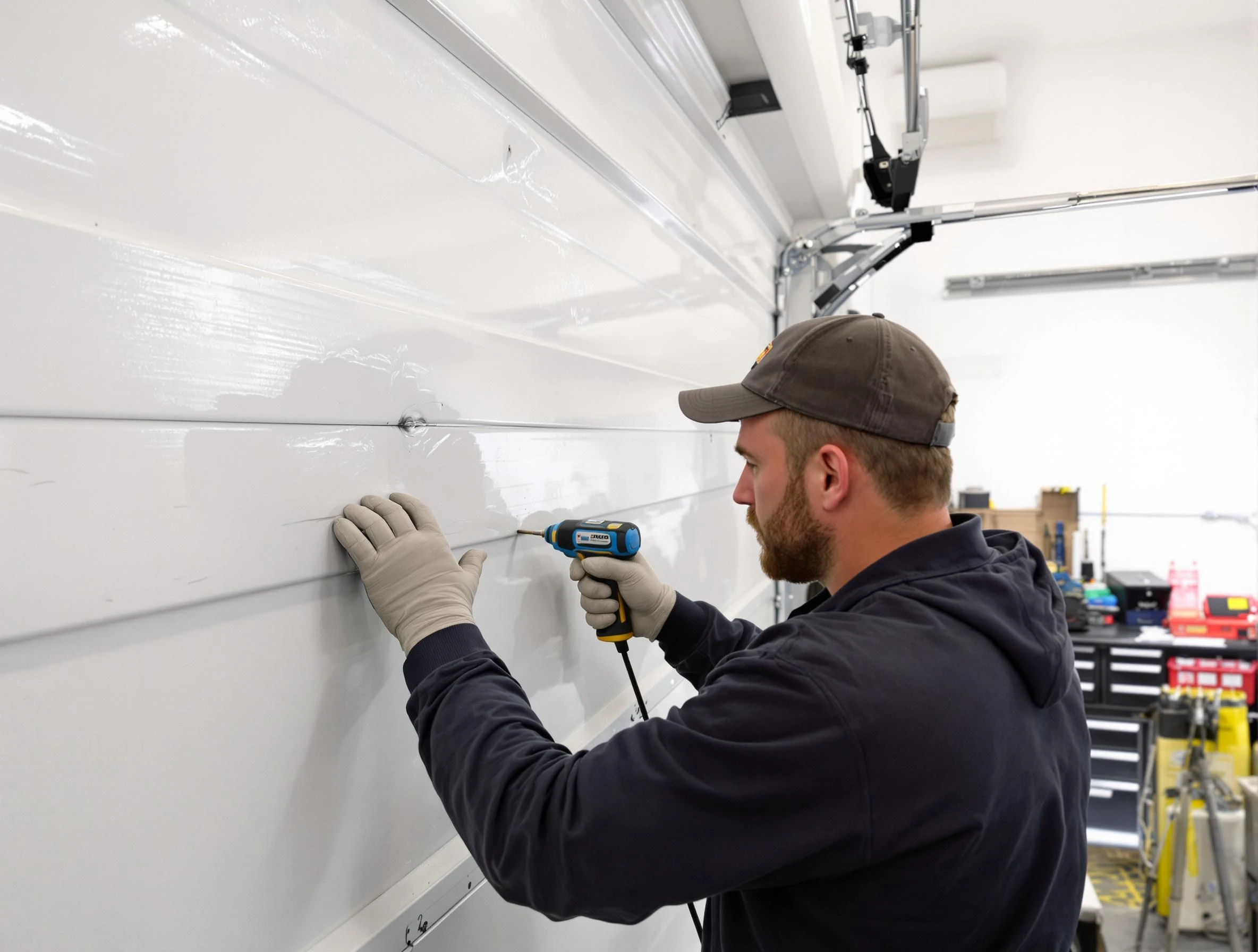 Chickasha Garage Door Repair technician demonstrating precision dent removal techniques on a Chickasha garage door